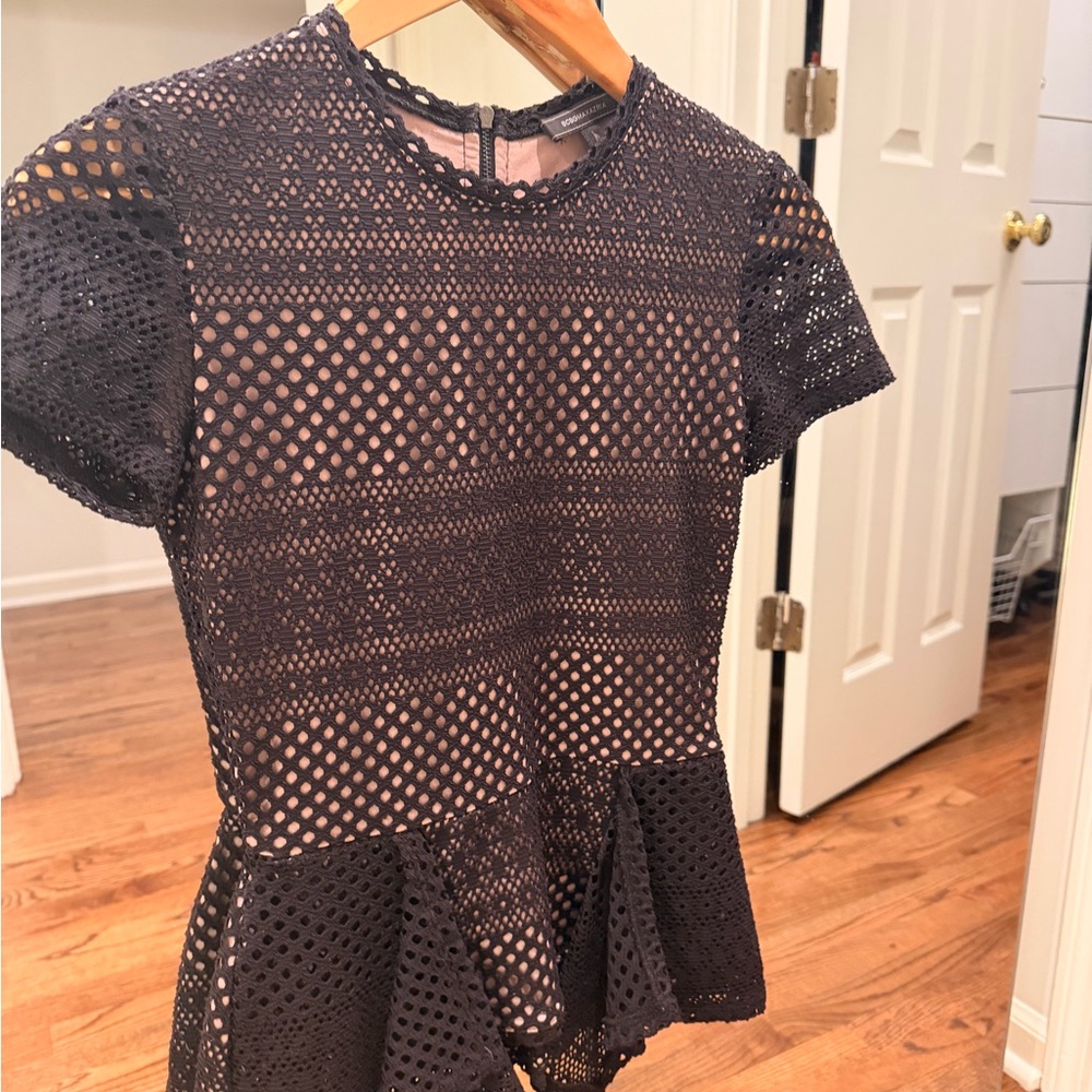 BCBGMaxAzria Black and Nude Lace Peplum Blouse